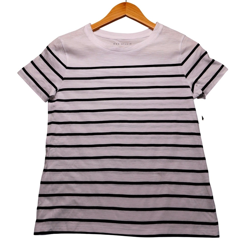 Max Studio Womens Black White Stripe Pima Cotton T Shirt NWT Coastal Nautical XS